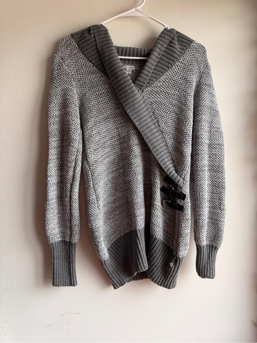 Vintage Y2K GUESS 1981 Gray Knit Wrap Cardigan Buckle Shawl Collar L